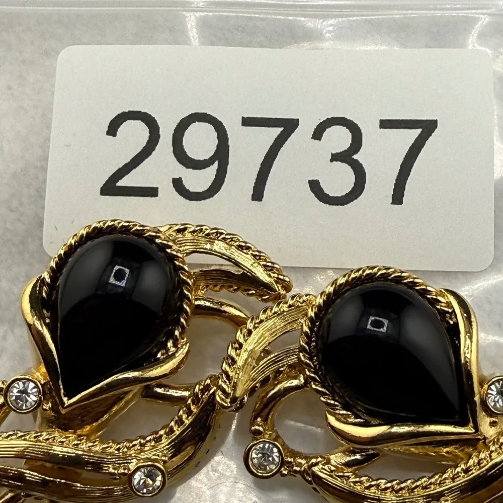 Vintage Barrera Avon Earrings Gold Black Teardrop Rhinestone Clip On